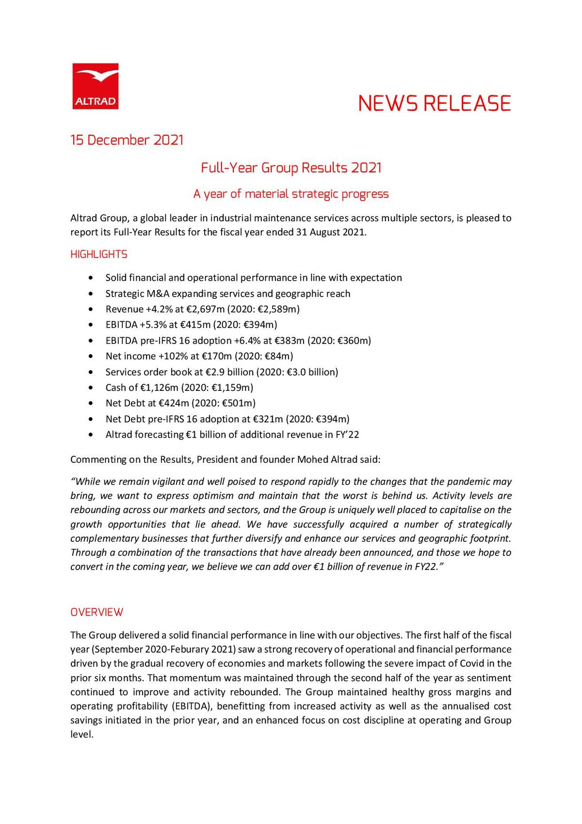 December 2021 - Full Year Results (for 2021) - Press release - Altrad Group
